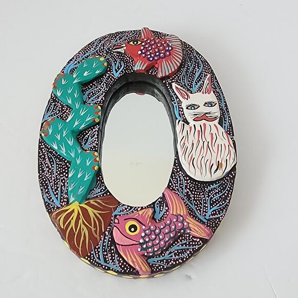 VTG Oaxacan Carved Wood Mirror Frame Oval Handed Paint Fish Cactus Bird Fox 7" - Picture 14 of 14